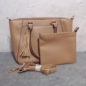 Bass Co. Vintage Pebble Leather Satchel with Sm Cosmetic Bag Lt Brown Adj Strap